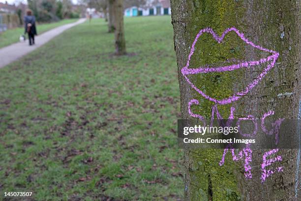 lips and ""snog me"" drawn on a tree trunk in park - graffiti hintergrund stock pictures, royalty-free photos & images