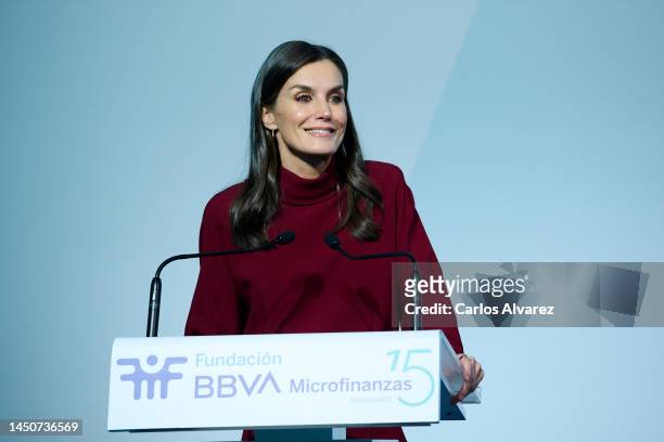 Queen Letizia of Spain attends the 15th Anniversary of the "Microfinanzas BBVA" Foundation at the Marques de Salamanca Palace on December 20, 2022 in...