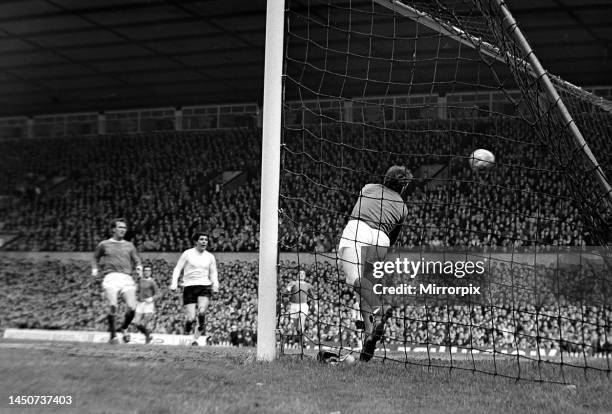 Manchester United v Sunderland. United keeper Alex Stepney is rooted to the spot as George Mulhall's header goes past him for Sunderland's second...