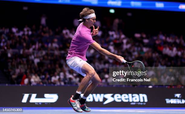 Alexander Zverev of Hawks in action against Novak Djokovic of Falcons during day two of the World Tennis League at Coca-Cola Arena on December 20,...