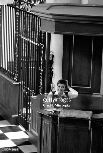 Judi Dench in the pulpit of St Mary-le-Bow church Cheapside for a lunch hour dialogue with Rev Joseph McCulloch. July 1968.