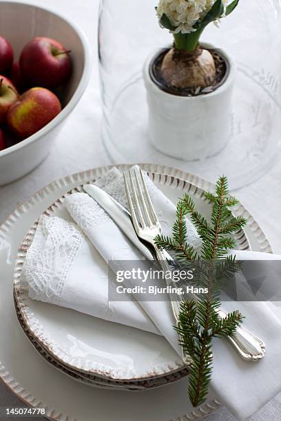 table decorated for christmas dinner - ätutrustning bildbanksfoton och bilder