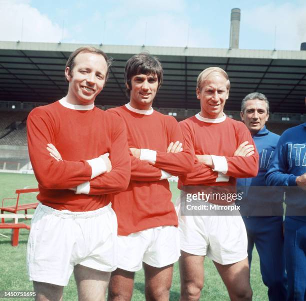 Manchester United footballer George Best at a photocall with Bobby Charlton and Nobby Stiles at Old Trafford. 25th July 1968.