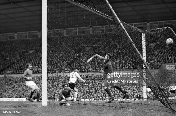 Manchester United goalkeeper Alex Stepney fails to stop a Sunderland goal during their league match at Old Trafford in the match that ended United's...