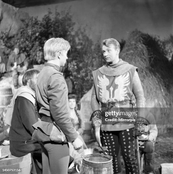 On set with the cast of the television series The Adventures of Sir Lancelot . William Russell Stars as Sir Lancelot with Robert Scroggins as Brian....