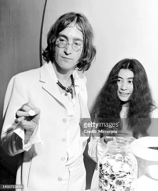 John Lennon with Yoko Ono at 'You are here' art exhibition 1 July 1968.