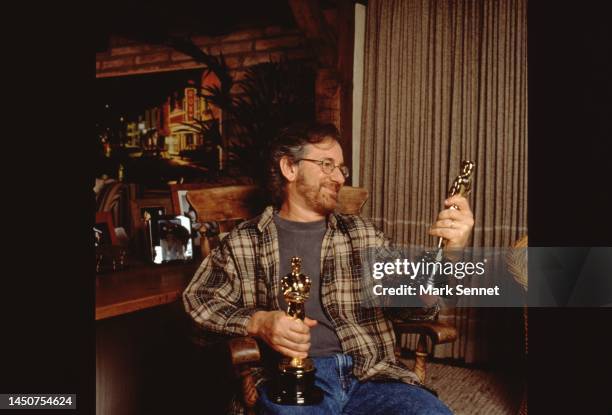 Director Steven Spielberg poses for a portrait at his office the morning after winning his Oscars for Schindler's List on March 22, 1994 in Los...