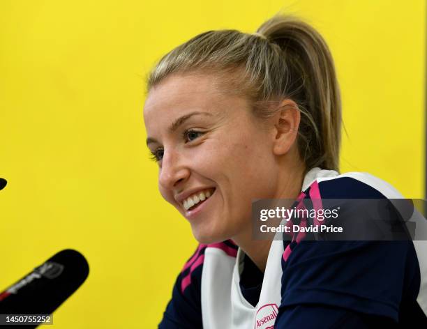 Leah Williamson of Arsenal takes part in a press conference before the Arsenal Women's training session on December 20, 2022 in Schaffhausen,...