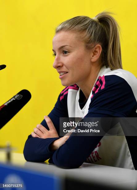 Leah Williamson of Arsenal takes part in a press conference before the Arsenal Women's training session on December 20, 2022 in Schaffhausen,...