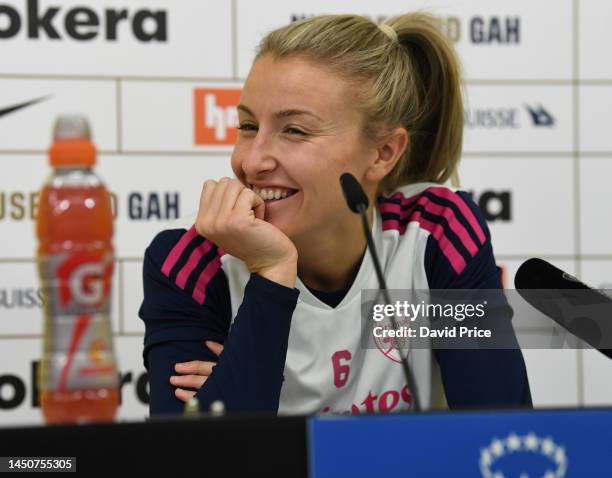 Leah Williamson of Arsenal takes part in a press conference before the Arsenal Women's training session on December 20, 2022 in Schaffhausen,...