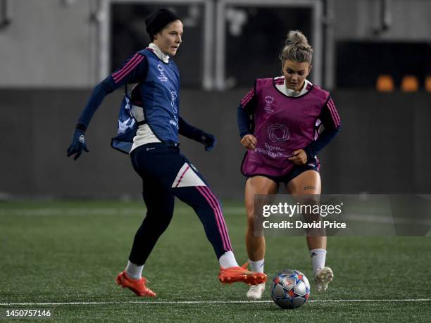 Lina Hurtig and Laura Wienroither of Arsenal during an Arsenal Women's training session on December 20, 2022 in Schaffhausen, Switzerland.