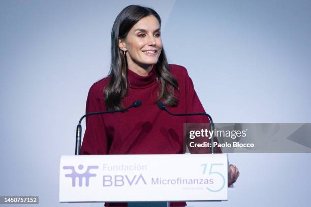 Queen Letizia of Spain attends the 15th Anniversary of the "Microfinanzas BBVA" Foundation at Palacio del Marques de Salamanca on December 20, 2022...