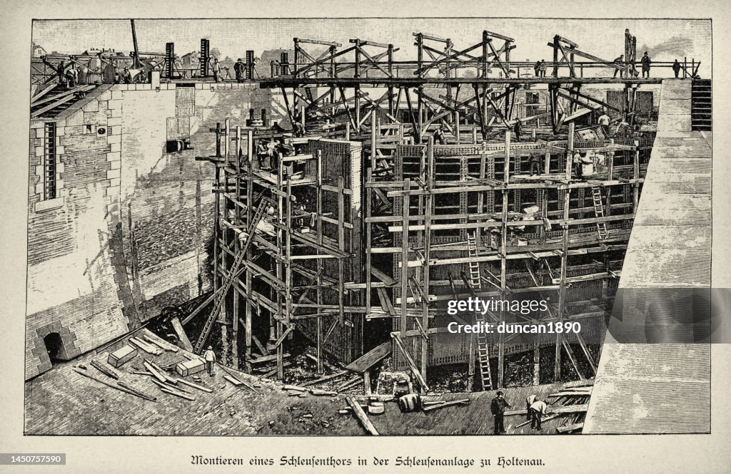 Construction of a canal lock gate in the lock system at Kiel Canal, Holtenau, 1890s, 19th Century