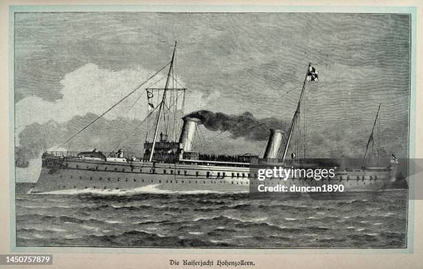 smy hohenzollern ii, imperial german yacht, 1890s, vintage steamship, 19th century - imperialism stock illustrations