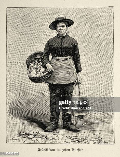 stockillustraties, clipart, cartoons en iconen met victorian oyster fisher woman in high boot and holding a part of mud shoes, arcachon bay, france, 1890s, 19th century - visser