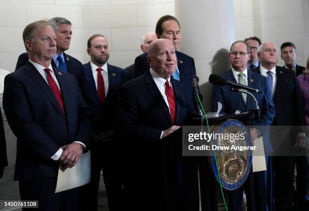 Rep. Kevin Brady , ranking member on the House Ways and Means Committee, speaks alongside fellow Republicans prior to a committee meeting on December...