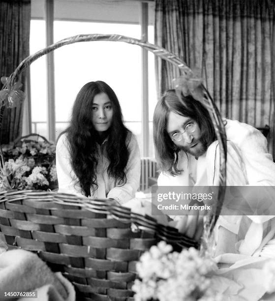 Yoko Ono and John Lennon at their Bed-In for Peace taken at the Hilton Hotel in Amsterdam. 26th March 1969.