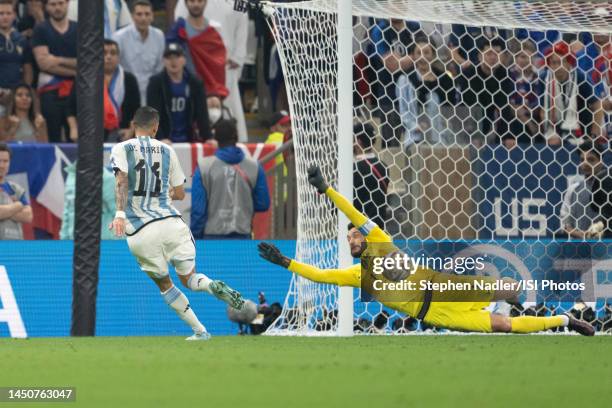 Angel Di Maria of Argentina scores a goal past Hugo Lloris of France during the FIFA World Cup Qatar 2022 Final game between France and Argentina at...