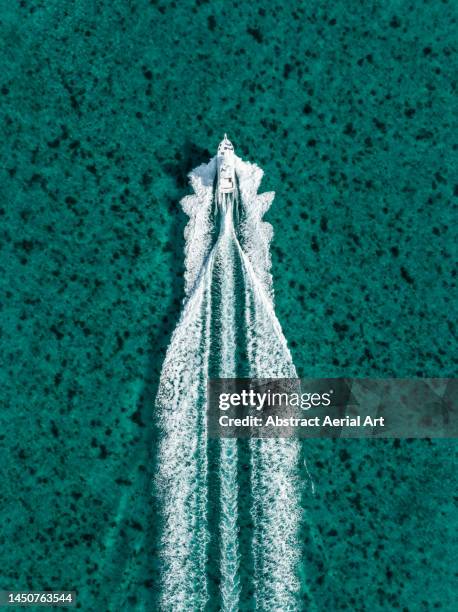 drone image directly above a motorboat speeding across the ocean, nassau, new providence, bahamas - speedboat stock-fotos und bilder