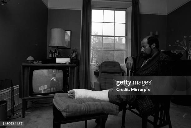 Clement Freud at home with broken leg March 1969.