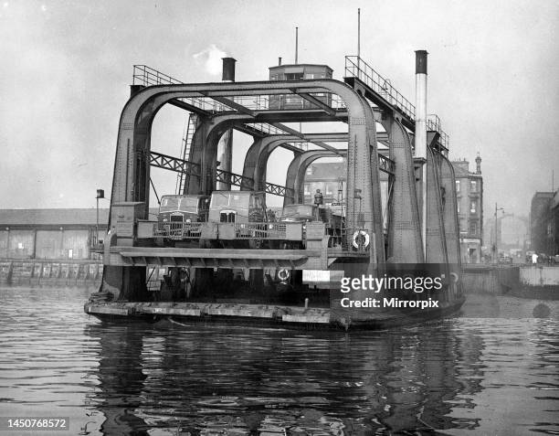The Finnieston Vehicular Ferry carrying lorries across River Clyde, Glasgow between Finnieston and Govan,1955.