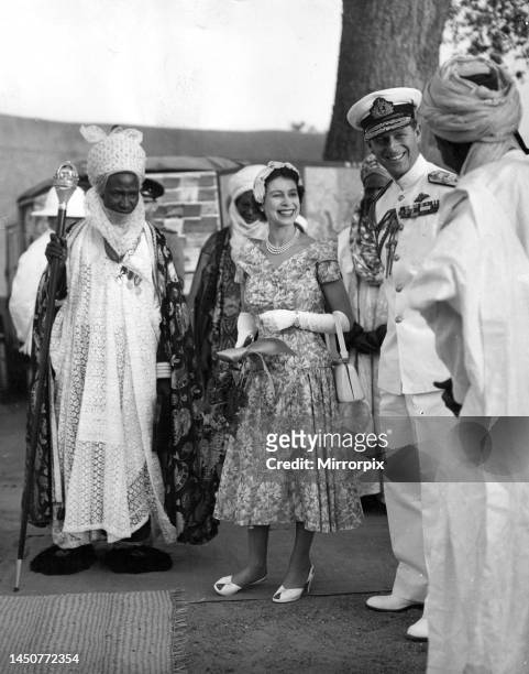 Queen Elizabeth II and Prince Philip meet the Emir of Kano during the Royal visit to Nigeria 16th February 1956.