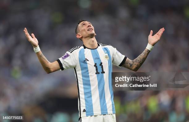Angel Di Maria of Argentina celebrates scoring his teams second goal during the FIFA World Cup Qatar 2022 Final match between Argentina and France at...