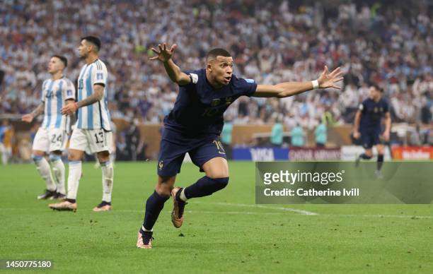 Kylian Mbappe of France celebrates scoring a goal during the FIFA World Cup Qatar 2022 Final match between Argentina and France at Lusail Stadium on...