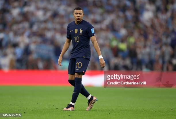 Kylian Mbappe of France during the FIFA World Cup Qatar 2022 Final match between Argentina and France at Lusail Stadium on December 18, 2022 in...