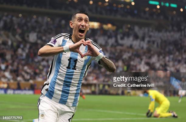 Angel Di Maria of Argentina celebrates scoring his teams second goal during the FIFA World Cup Qatar 2022 Final match between Argentina and France at...