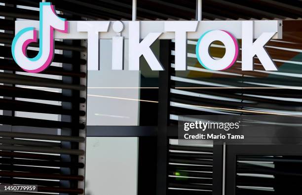 The TikTok logo is displayed at a TikTok office on December 20, 2022 in Culver City, California. Congress is pushing legislation to ban the popular...