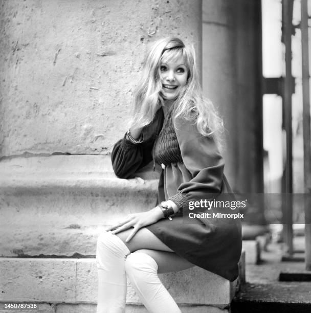 Actress and model Madeline Smith aged 20 photographed in London wearing a black dress. November 1969.