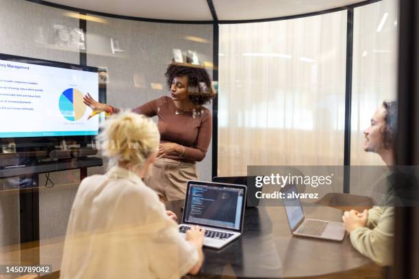 entrepreneur giving her presentation to team at startup office. - small meeting stock pictures, royalty-free photos & images