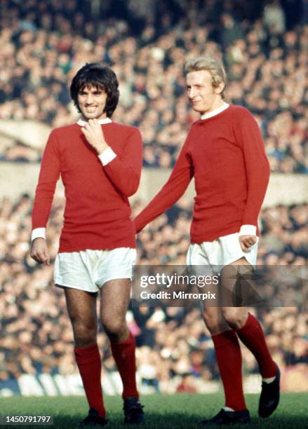 Manchester United versus Stoke City . Manchester United teammates George Best and Denis Law. 1st November 1969.