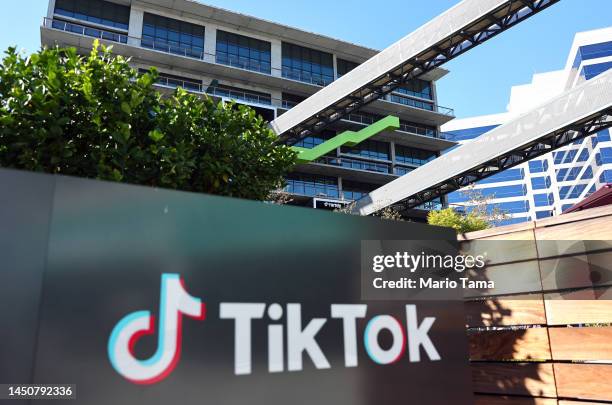 The TikTok logo is displayed outside a TikTok office on December 20, 2022 in Culver City, California. Congress is pushing legislation to ban the...