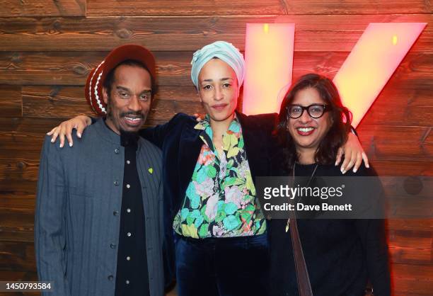 Benjamin Zephaniah, Zadie Smith and Indhu Rubasingham attend the press night after party for "The Wife Of Willesden" at the Kiln Theatre on December...