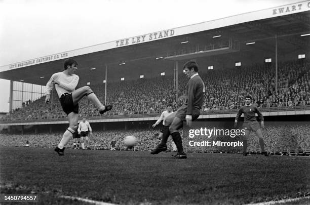 Derby versus Liverpool. O'Hare shoots stopped by Ron Yeats. November 1969.