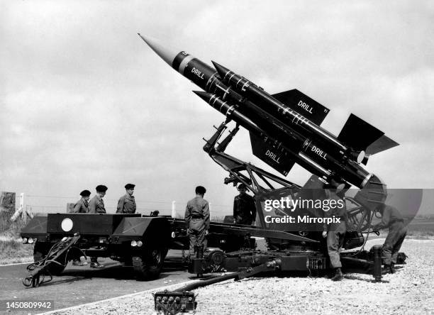 Long range surface to air Thunderbird missile on display. Circa 1955.