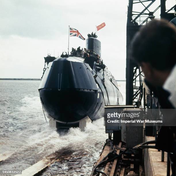 The launch of HMS Resolution, the Royal Navy's first nuclear powered submarine to be equipped with Polaris nuclear missiles, Barrow-in-Furness,...