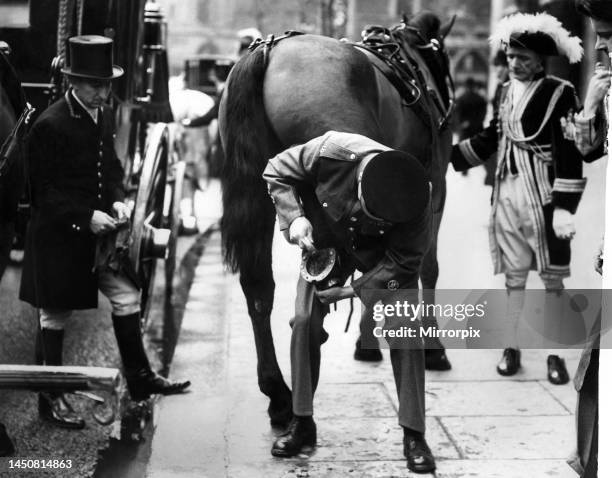 Lord Mayor's Show Incident outside the Law Courts: Blossom, one of the lead horses drawing the retiring Lord Mayor's coach, brought his rear hoof...