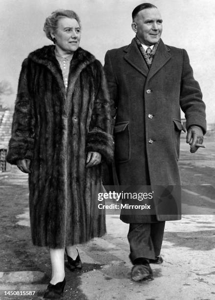 Retired hangman Albert Pierrepoint out for a stroll with his wife Anne. They keep the Rose and Crown pub at Hoole, near Preston, Lancasire. March...