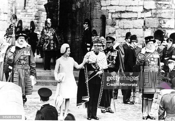 Queen Elizabeth II with her eldest son Prince Charles at his Investiture. July 1969.