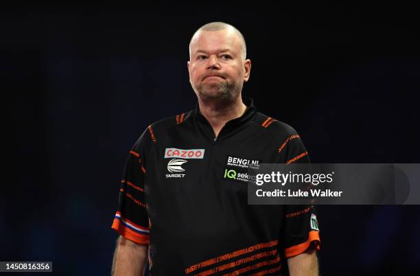 Raymond van Barneveld of Netherlands reacts during his Second Round Match against Ryan Meikle of England during Day Six of The Cazoo World Darts...