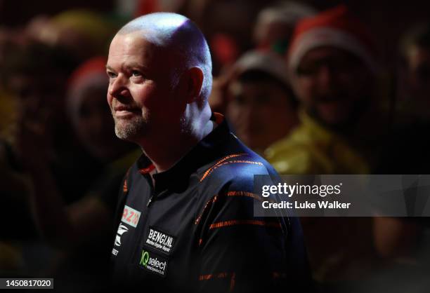 Raymond van Barneveld of Netherlands walks o during his Second Round Match against Ryan Meikle of England during Day Six of The Cazoo World Darts...