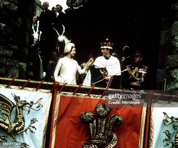 Investiture of Prince Charles as Prince of Wales Queen presents Prince Charles to the people of Wales at Queen Eleanor's Gate Caernarfon Castle.