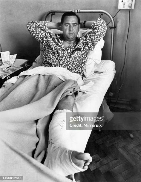 Cricketer Colin Cowdrey shows off his plaster. He is in St. Nicholas Hospital, Woolwich, for a torn Achilles TendonMay 1969.