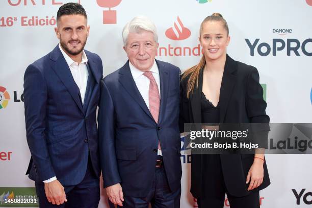 Koke Resureccion , Enrique Cerezo and Andrea Medina attend the "AS Del Deporte" Awards 2022 at Hotel Westin Palace on December 20, 2022 in Madrid,...