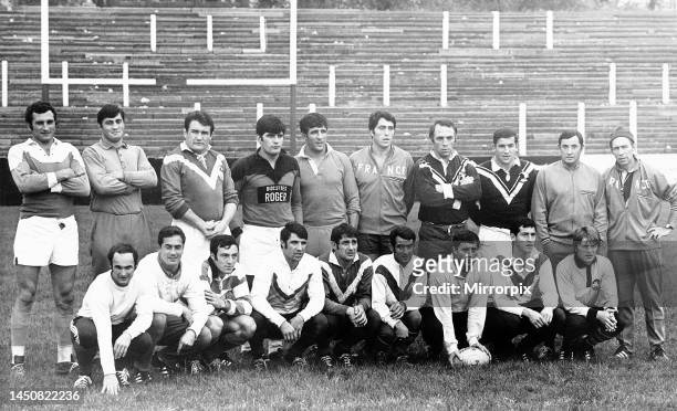 The French rugby league team take a break during training at Salford to pose for a team picture. 22nd October 1969.