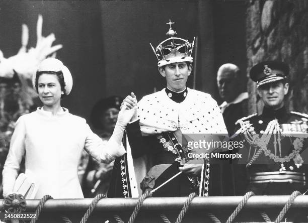 Investiture of Prince Charles at Caernarfon Castle with Queen Elizabeth and Prince Philip. 7th July 1969.