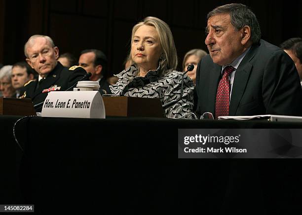 Secretary of State Hillary Clinton , U.S. Defense Secretary Leon Panetta , and Chairman of the Joint Chiefs of Staff Martin Dempsey participate in a...